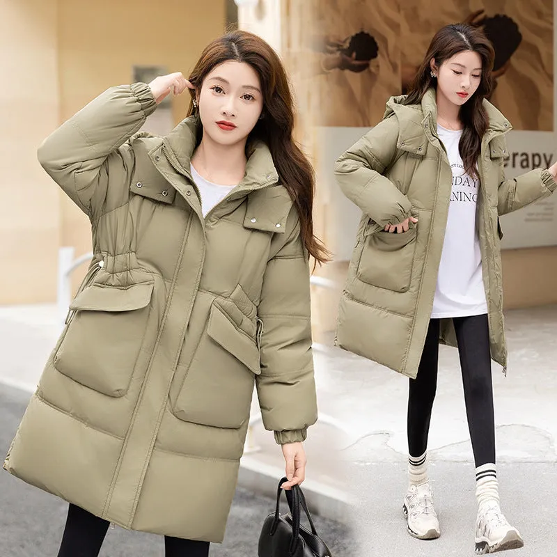 Windproof and Thickened Hooded Mid-Length Puffer Jacket