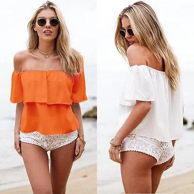 Women Off Shoulder Chiffon Short Sleeve Party Slim Shirt Top Tops & Tees
