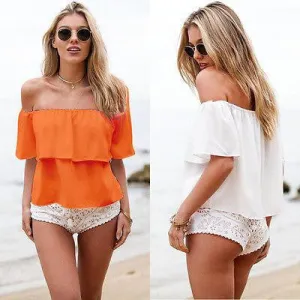 Women Off Shoulder Chiffon Short Sleeve Party Slim Shirt Top Tops & Tees