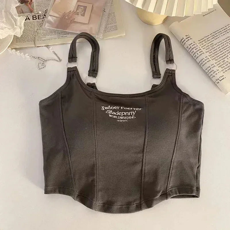 Women Summer Tops Sexy Camisole Square Collar Tank Top Y2k Slveless Female Crop Tops With Pad Fashion Vest Embroidery Letter