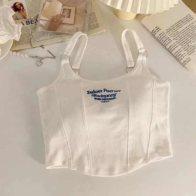 Women Summer Tops Sexy Camisole Square Collar Tank Top Y2k Slveless Female Crop Tops With Pad Fashion Vest Embroidery Letter