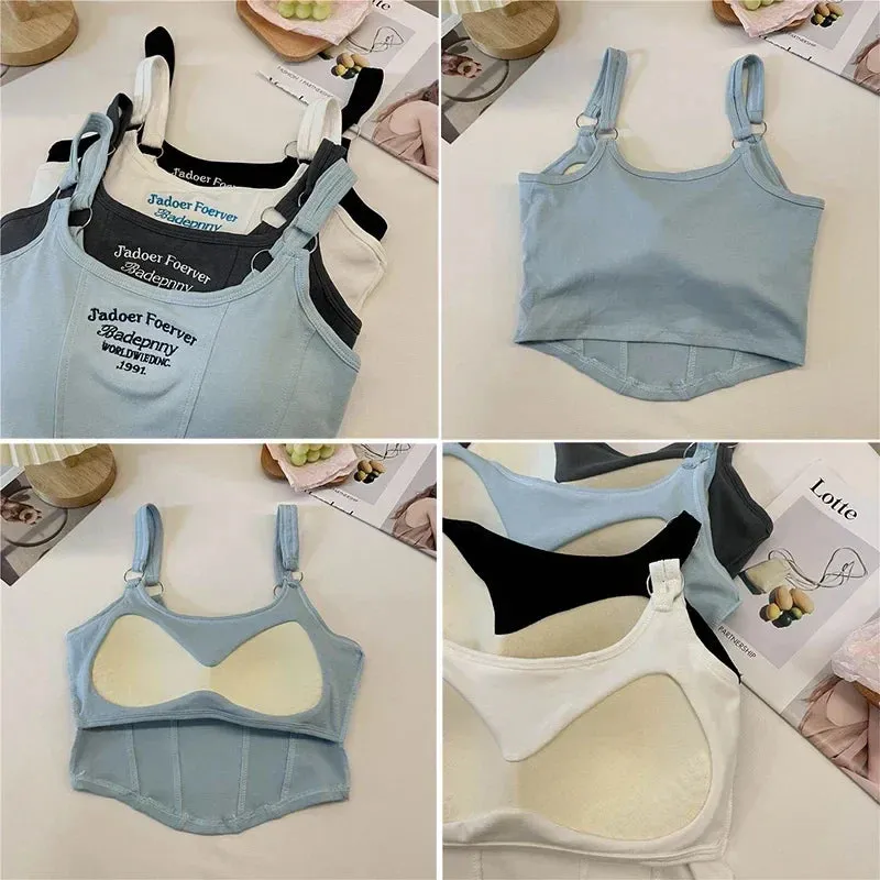 Women Summer Tops Sexy Camisole Square Collar Tank Top Y2k Slveless Female Crop Tops With Pad Fashion Vest Embroidery Letter