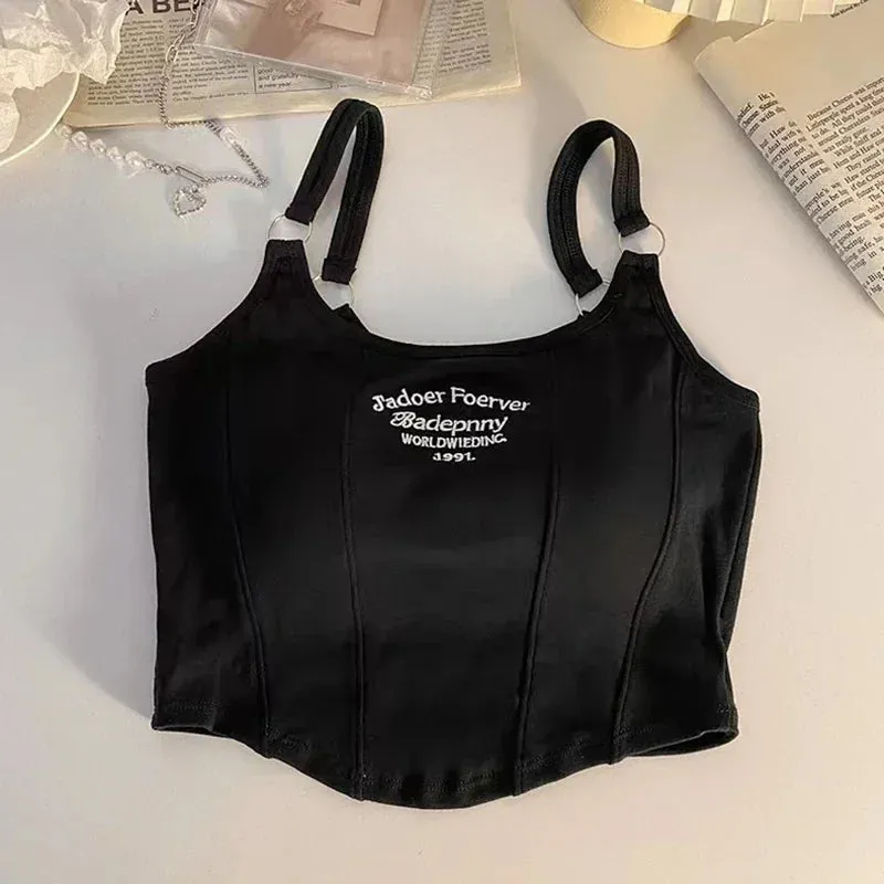 Women Summer Tops Sexy Camisole Square Collar Tank Top Y2k Slveless Female Crop Tops With Pad Fashion Vest Embroidery Letter