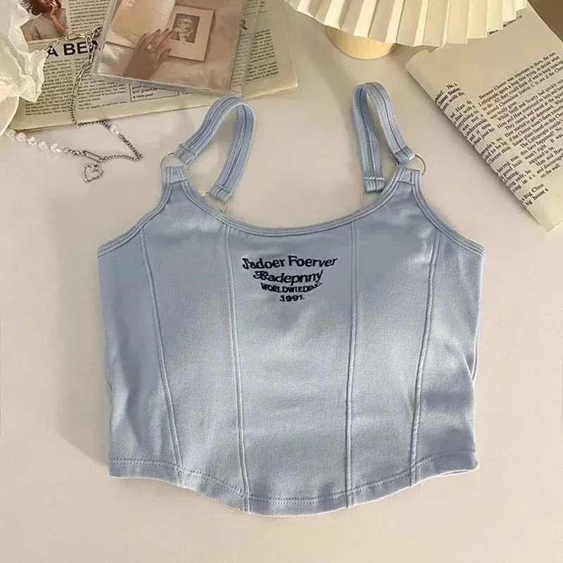 Women Summer Tops Sexy Camisole Square Collar Tank Top Y2k Slveless Female Crop Tops With Pad Fashion Vest Embroidery Letter