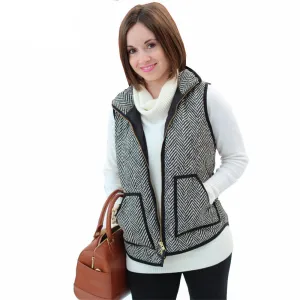 Women Vest Big Pocket Design Winter Sleeveless Women Cotton Casual Ladies Jackets Puffer Herringbone Vest