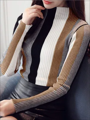 Women's Casual Knit Vertical Striped Sweater