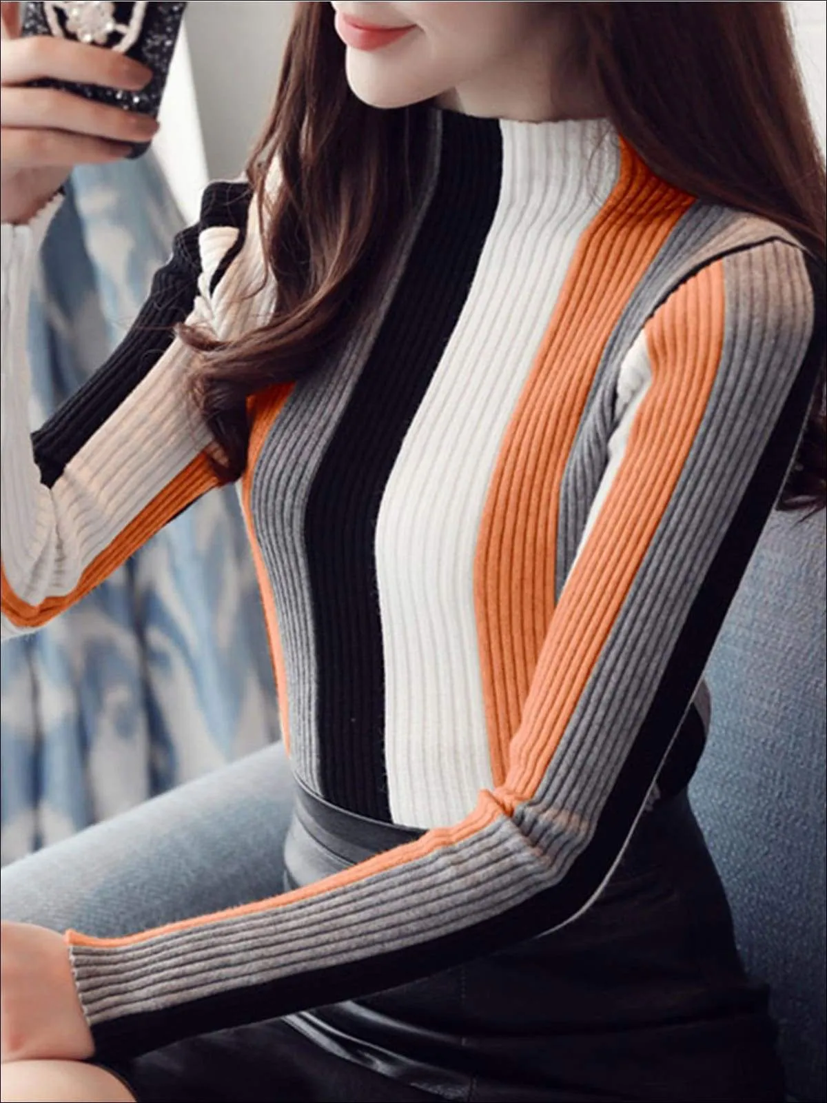 Women's Casual Knit Vertical Striped Sweater