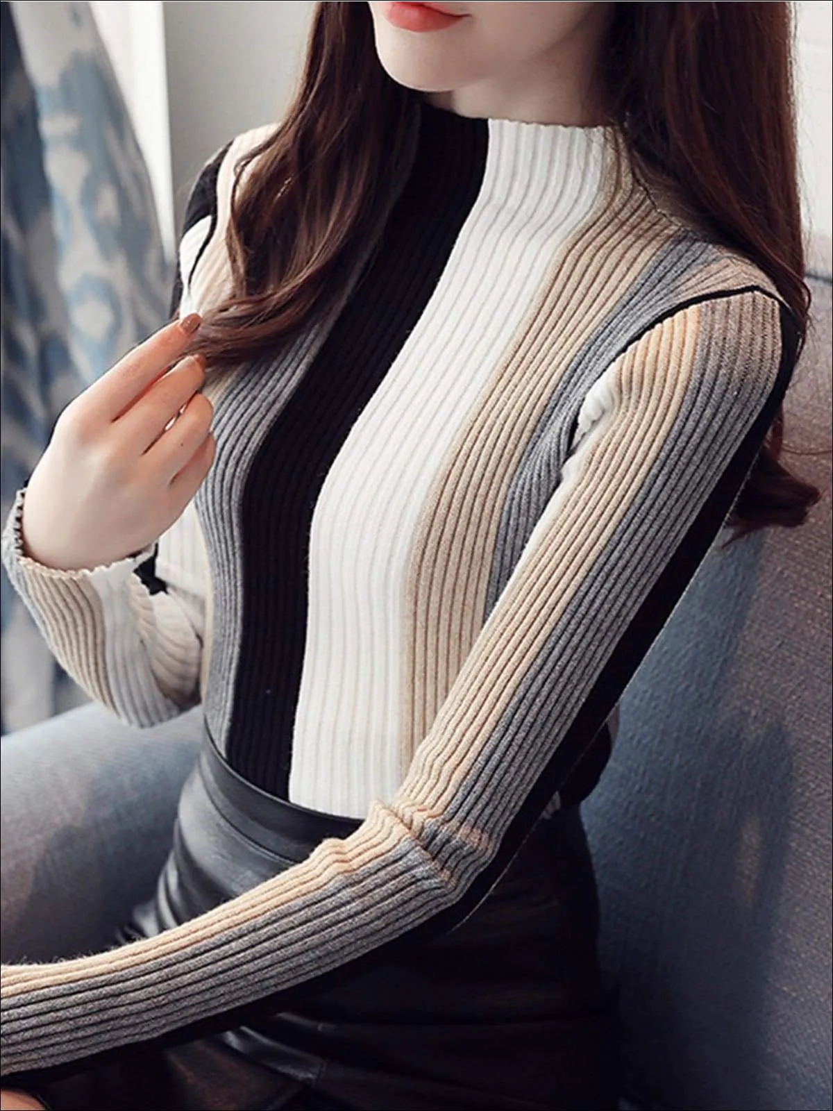 Women's Casual Knit Vertical Striped Sweater