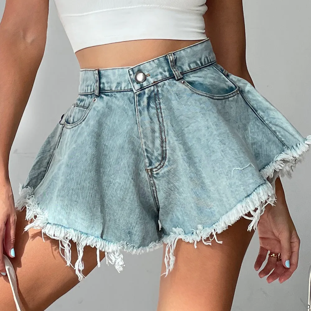 Women's High-Waisted Loose Fit Distressed Denim Shorts with Fringes