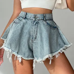 Women's High-Waisted Loose Fit Distressed Denim Shorts with Fringes