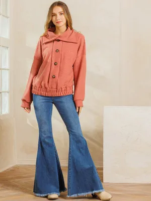 WOMEN'S LONG SLEEVE BUTTON DETAILED COLLAR PULLOVER SWEATER