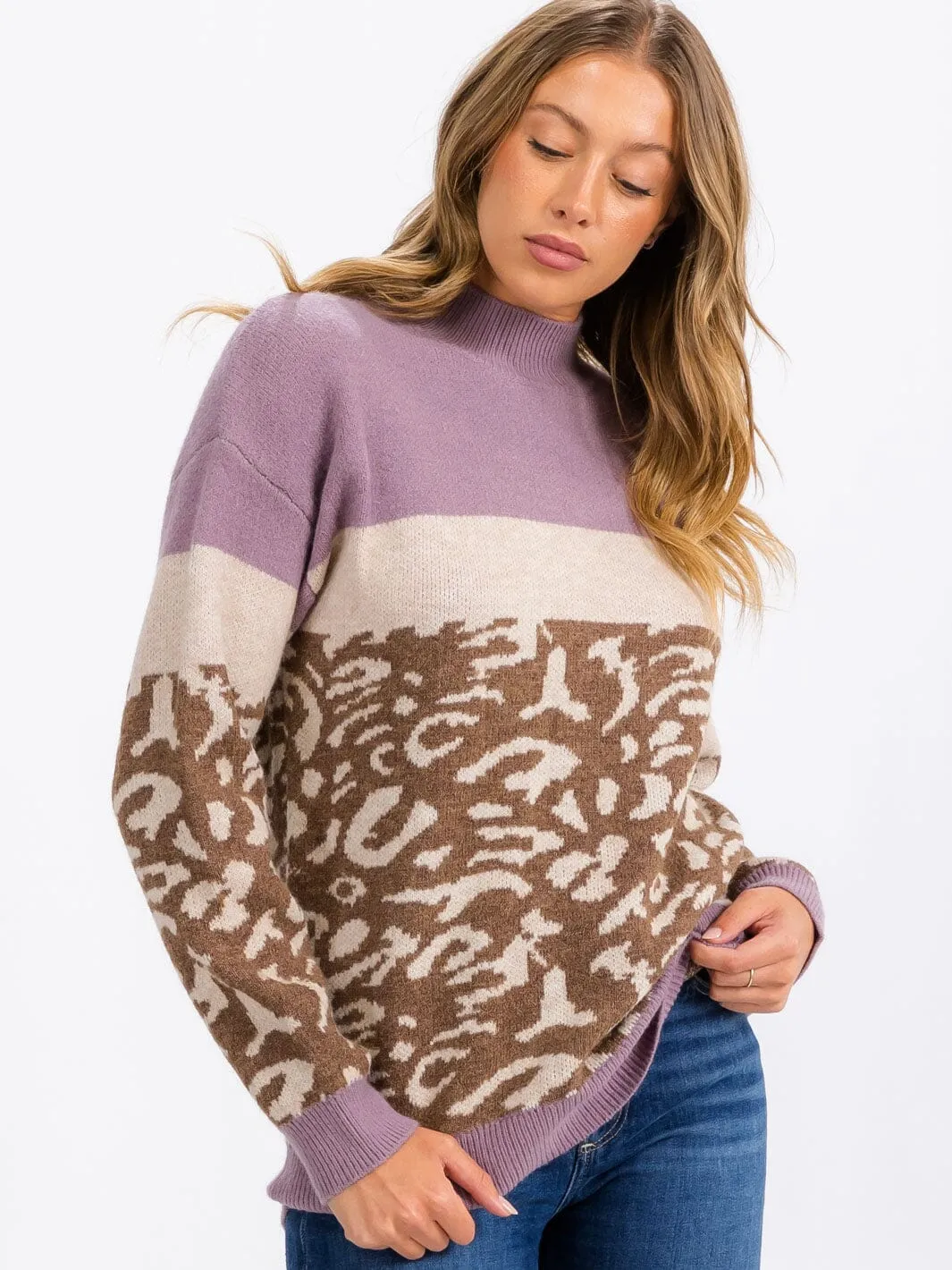 WOMEN'S LONG SLEEVE COLORBLOCK ANIMAL PRINT DETAILED PULLOVER SWEATER