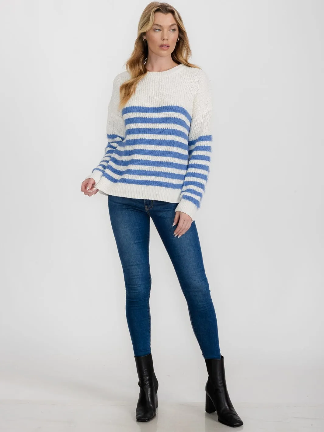 WOMEN'S LONG SLEEVE COLORBLOCK STRIPES PULLOVER SWEATER