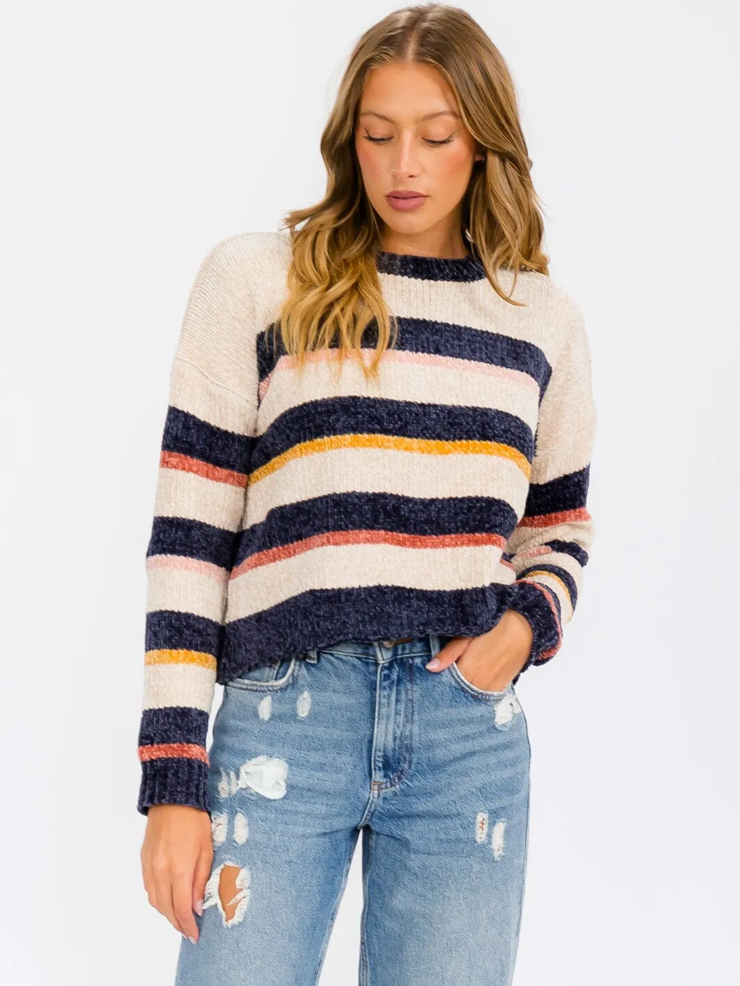 WOMEN'S LONG SLEEVE COLORBLOCK STRIPES PULLOVER SWEATER