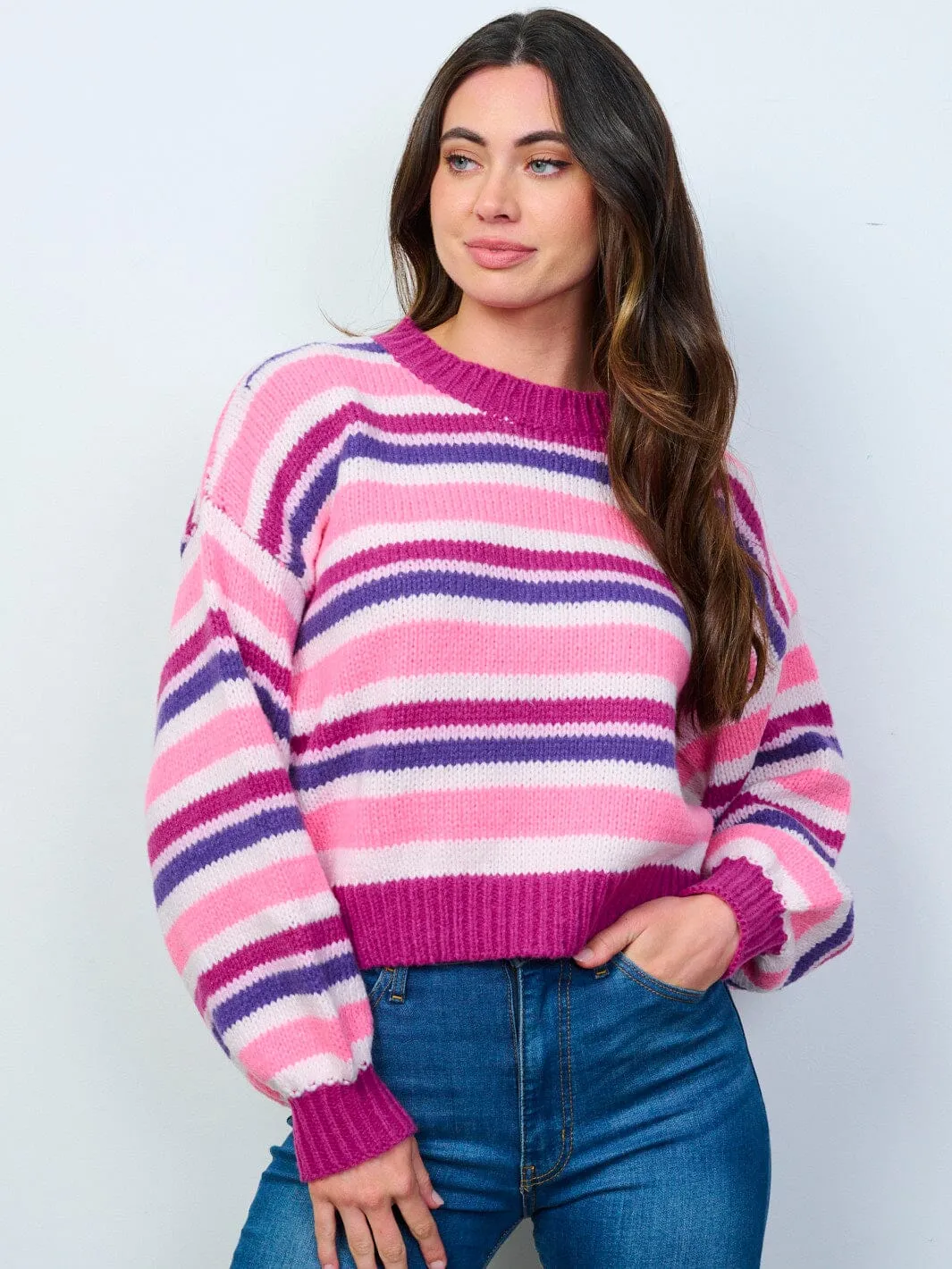 WOMEN'S LONG SLEEVE COLORBLOCK STRIPES PULLOVER SWEATER