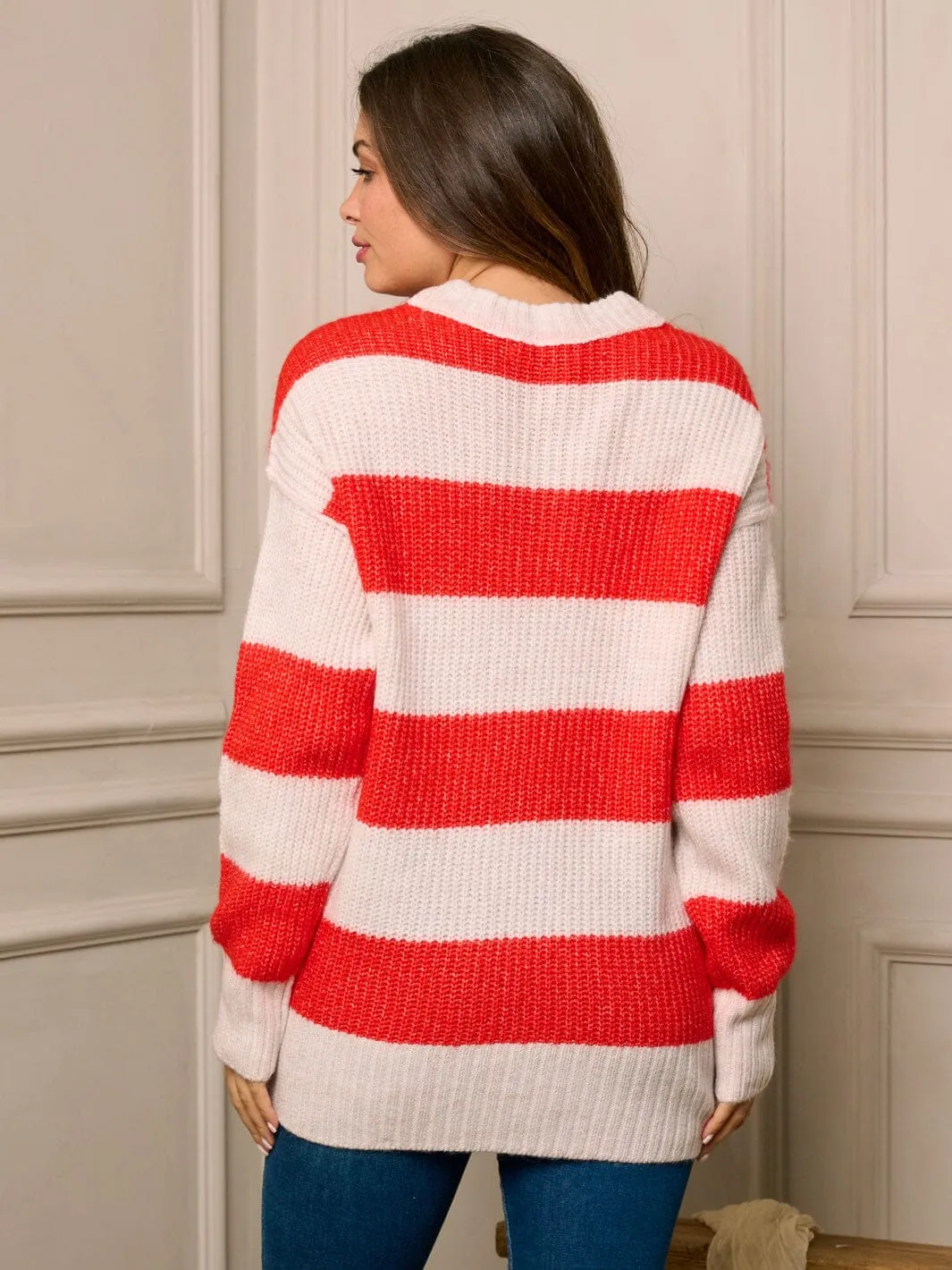 WOMEN'S LONG SLEEVE COLORBLOCK STRIPES PULLOVER SWEATER