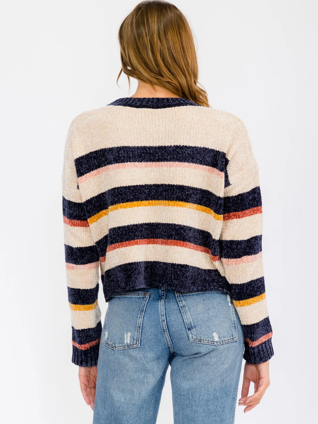 WOMEN'S LONG SLEEVE COLORBLOCK STRIPES PULLOVER SWEATER