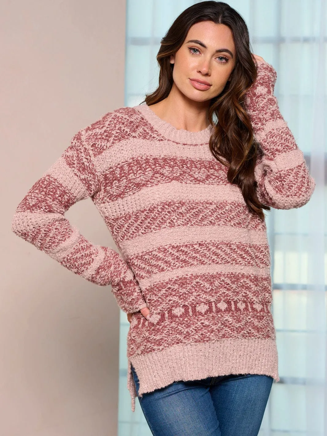 WOMEN'S LONG SLEEVE COLORBLOCK STRIPES PULLOVER SWEATER