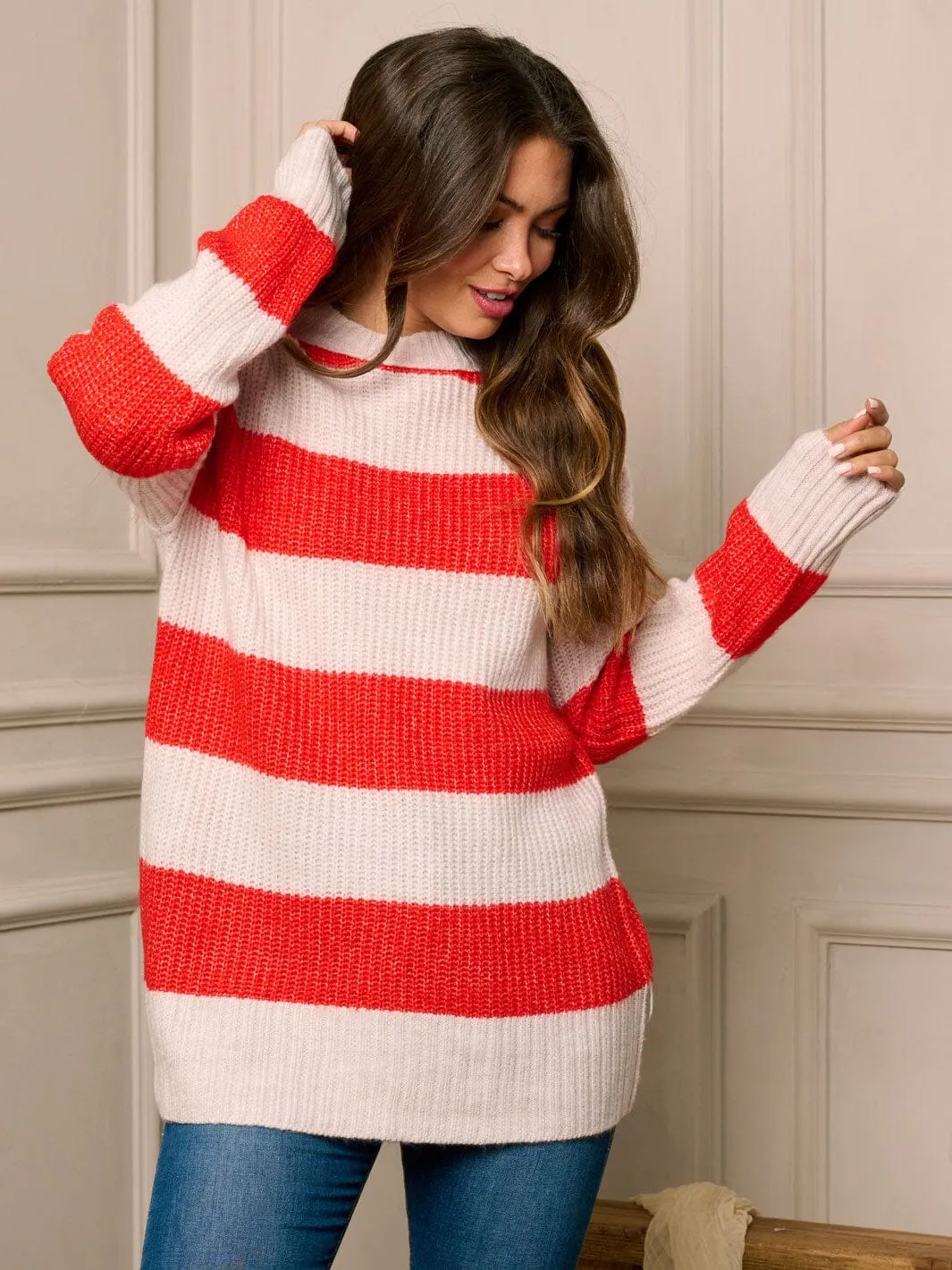 WOMEN'S LONG SLEEVE COLORBLOCK STRIPES PULLOVER SWEATER