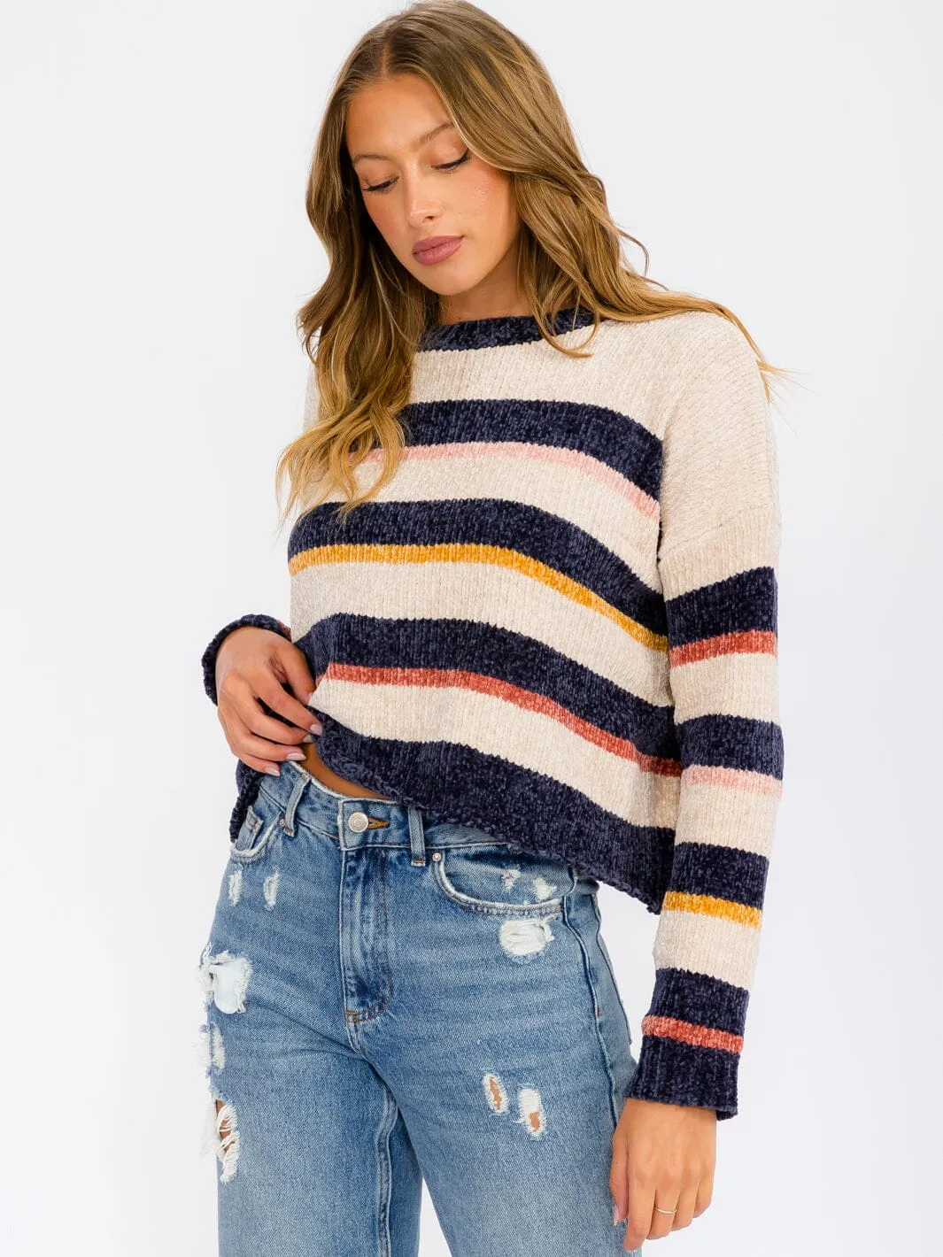 WOMEN'S LONG SLEEVE COLORBLOCK STRIPES PULLOVER SWEATER