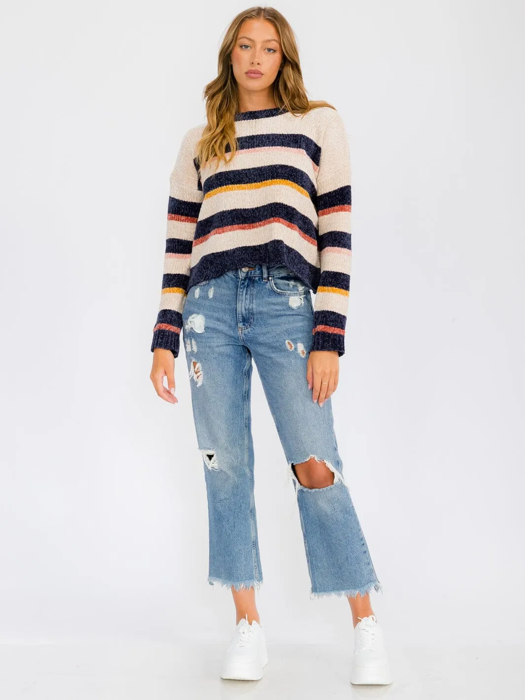 WOMEN'S LONG SLEEVE COLORBLOCK STRIPES PULLOVER SWEATER