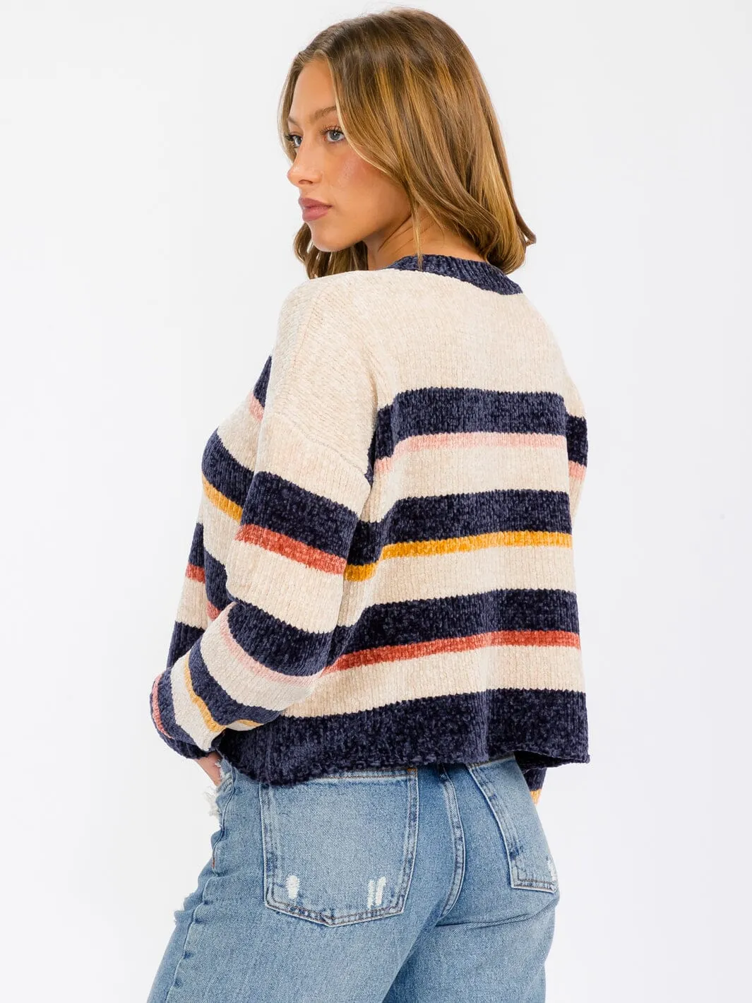 WOMEN'S LONG SLEEVE COLORBLOCK STRIPES PULLOVER SWEATER