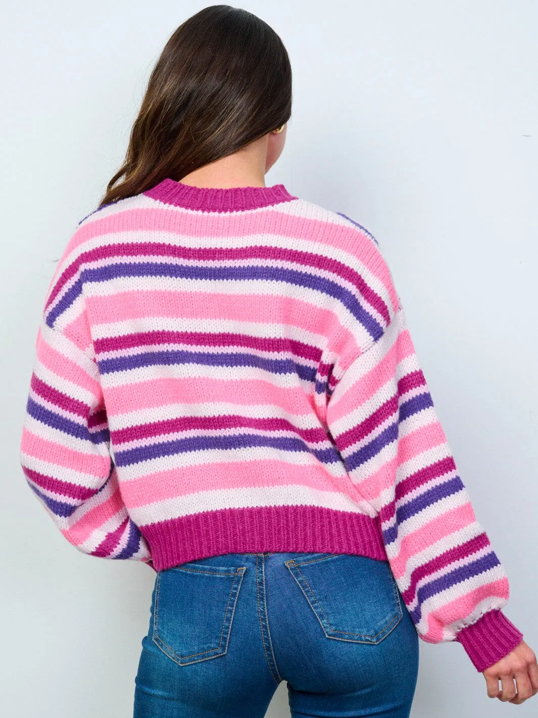 WOMEN'S LONG SLEEVE COLORBLOCK STRIPES PULLOVER SWEATER