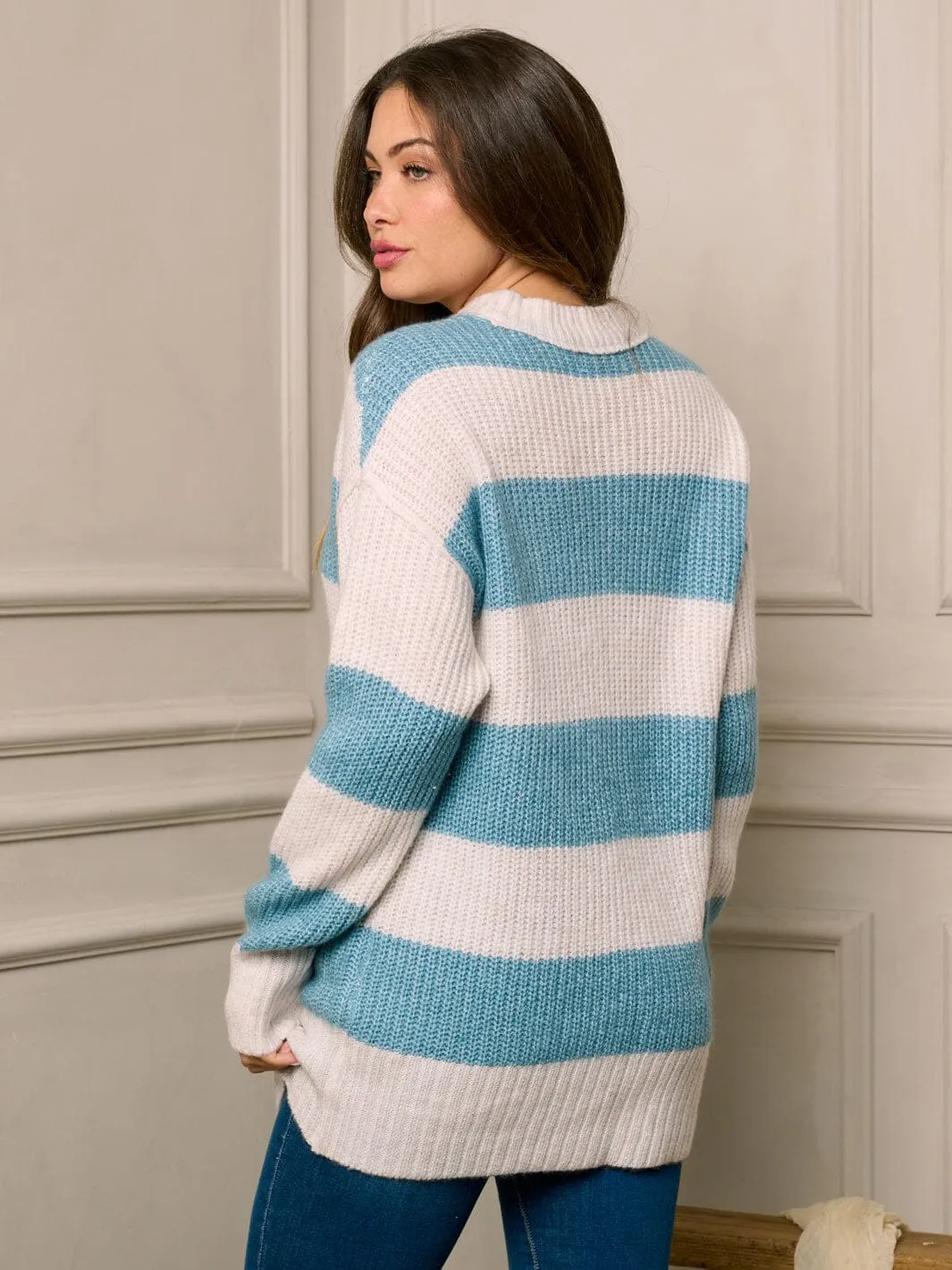 WOMEN'S LONG SLEEVE COLORBLOCK STRIPES PULLOVER SWEATER