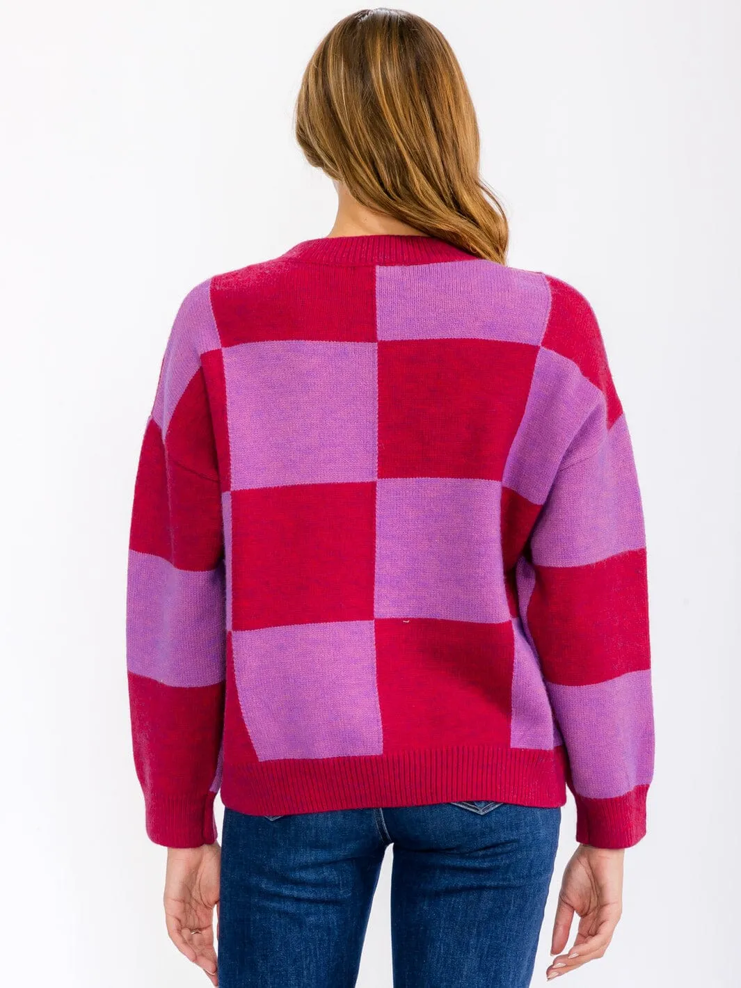 WOMEN'S LONG SLEEVE FLOWER DETAILED COLORBLOCK CHECKERS PULLOVER SWEATER