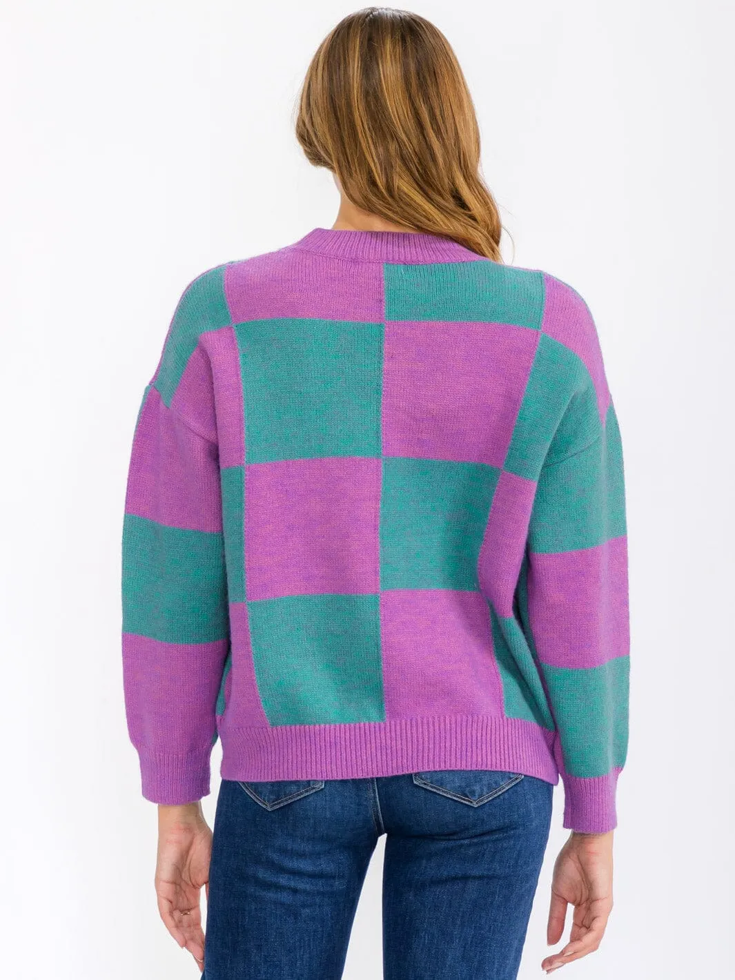 WOMEN'S LONG SLEEVE FLOWER DETAILED COLORBLOCK CHECKERS PULLOVER SWEATER