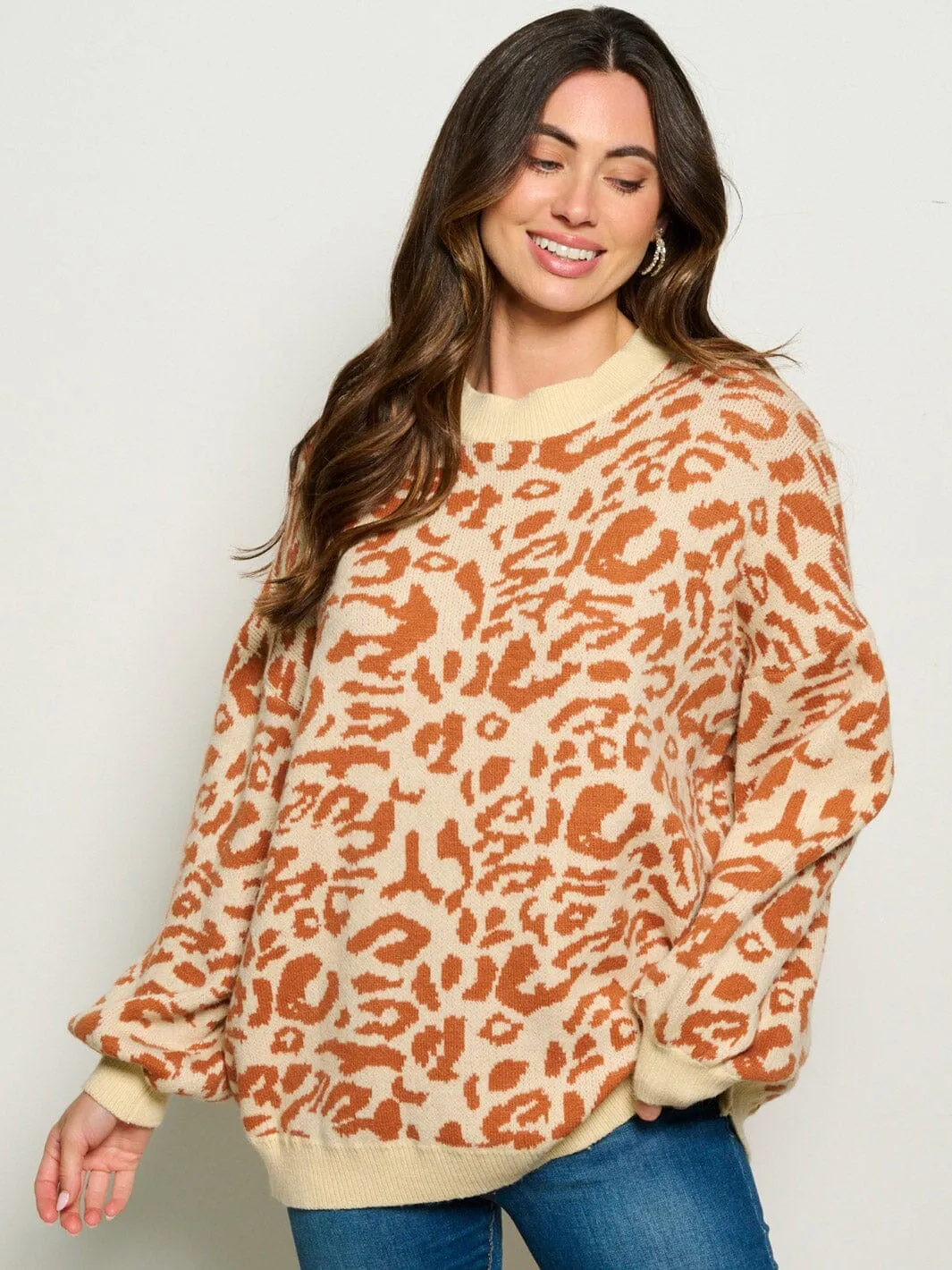 WOMEN'S LONG SLEEVE LEOPARD PRINT PULLOVER SWEATER