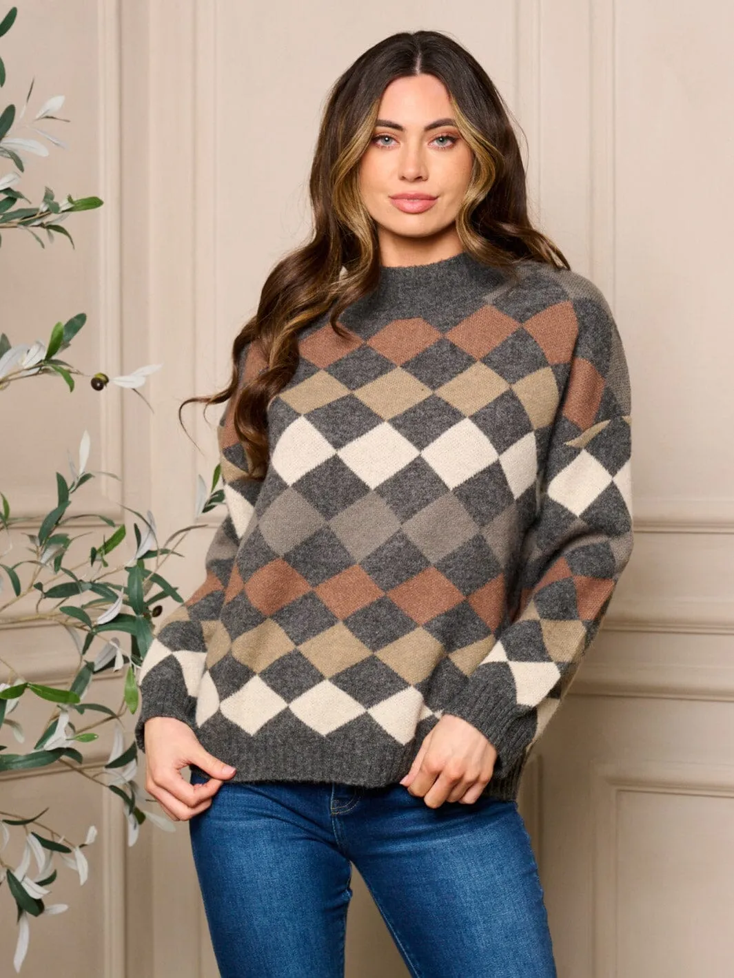 WOMENS LONG SLEEVE PULLOVER COLORBLOCK MULTI PRINT SWEATER
