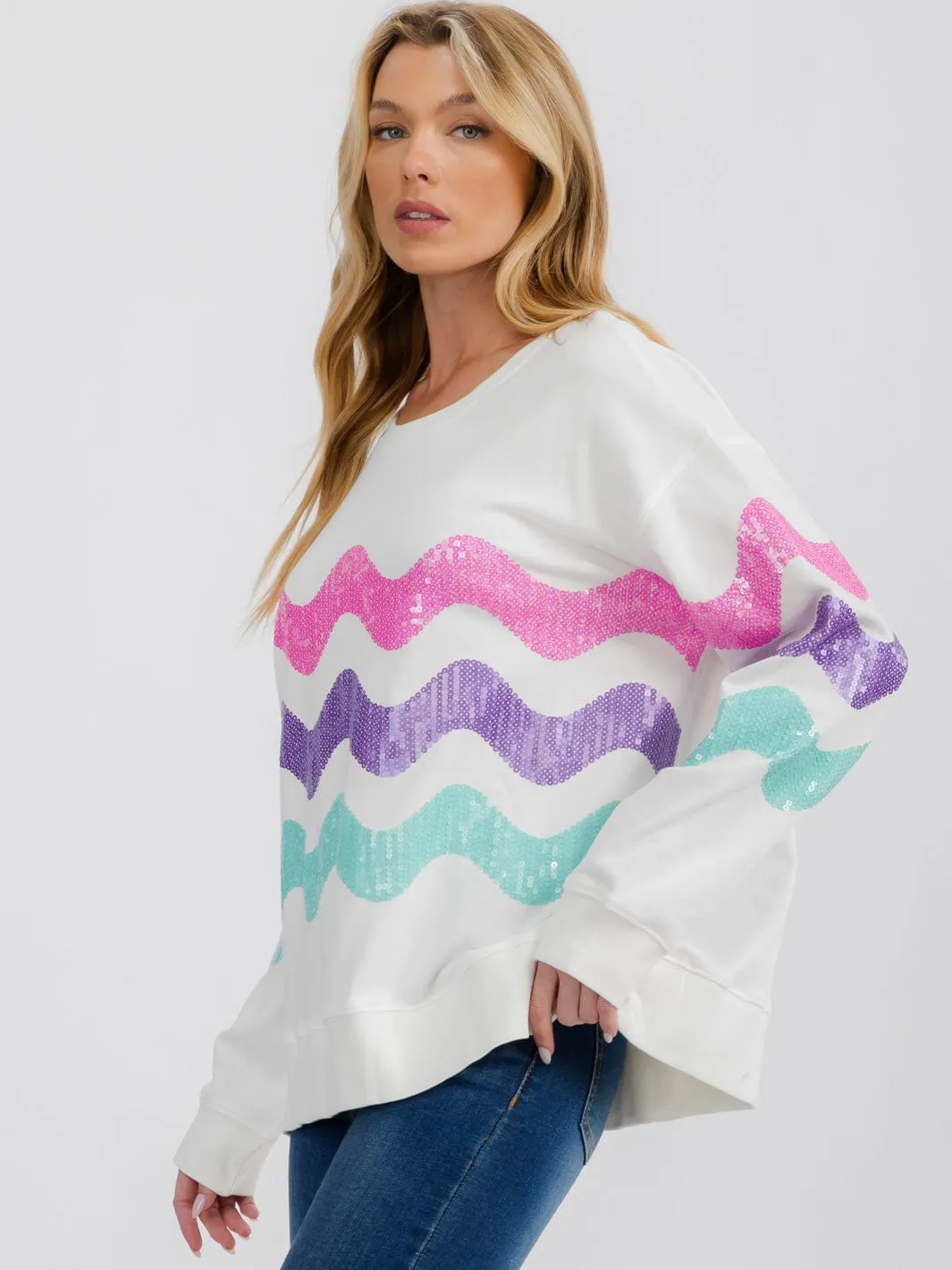 WOMEN'S LONG SLEEVE STRIPES COLORBLOCK PULLOVER SEQUINS SWEATER