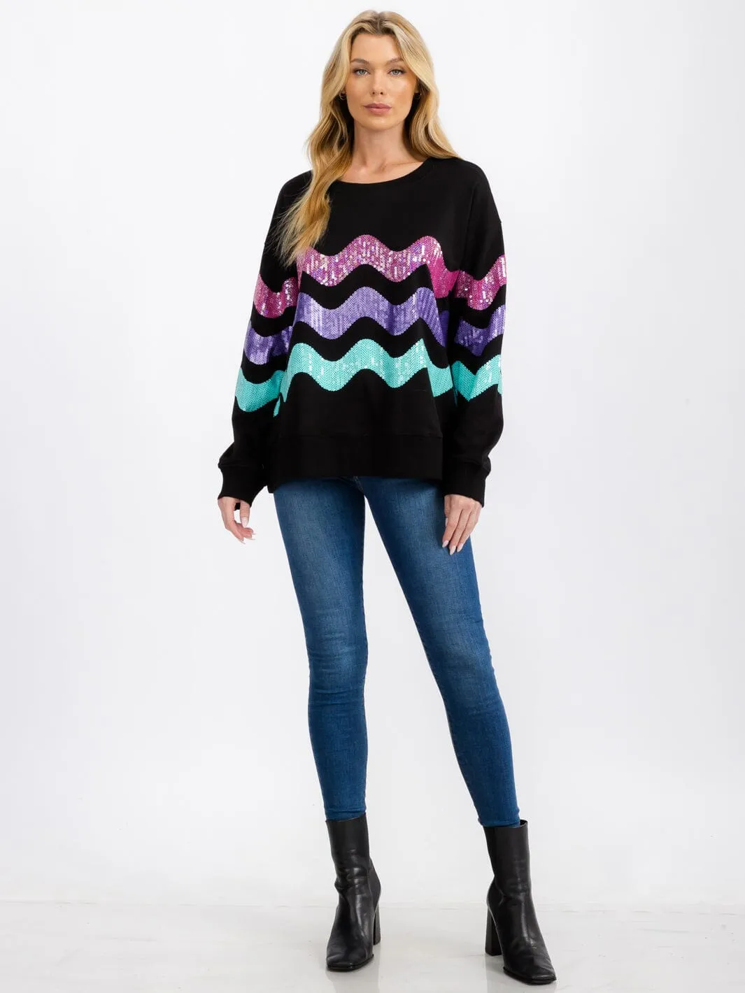 WOMEN'S LONG SLEEVE STRIPES COLORBLOCK PULLOVER SEQUINS SWEATER