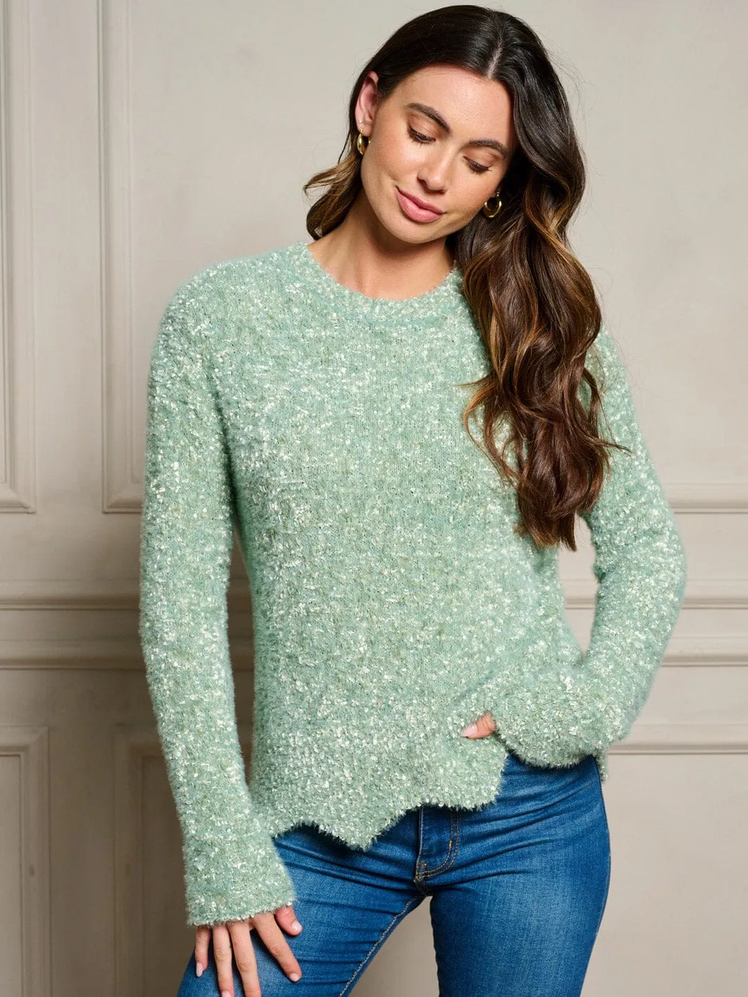WOMEN'S LONG SLEEVE TRIM DETAILED FUZZY PULLOVER SWEATER