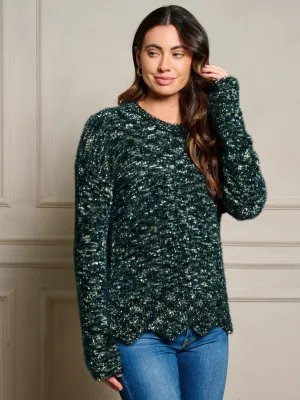 WOMEN'S LONG SLEEVE TRIM DETAILED FUZZY PULLOVER SWEATER