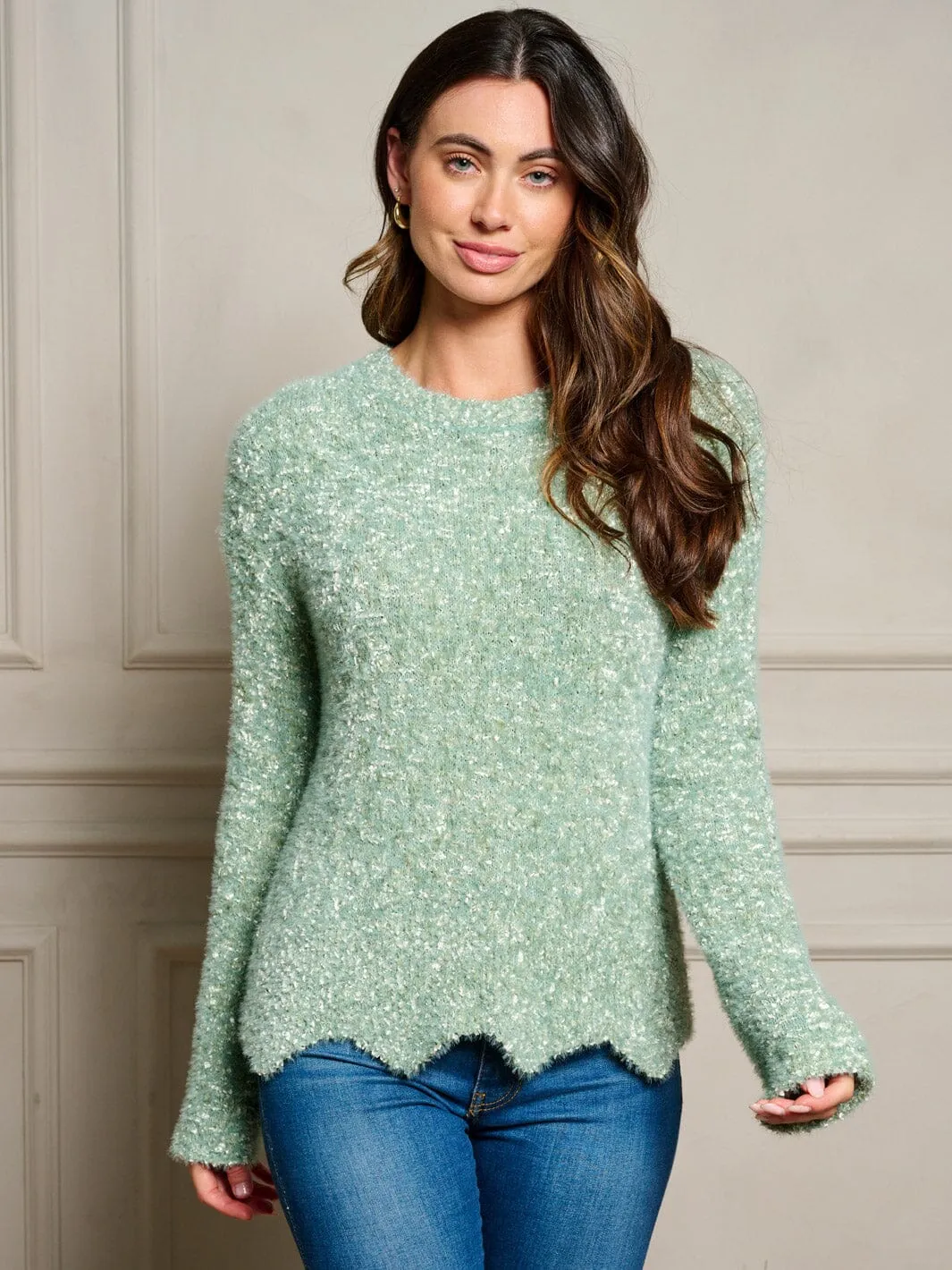WOMEN'S LONG SLEEVE TRIM DETAILED FUZZY PULLOVER SWEATER