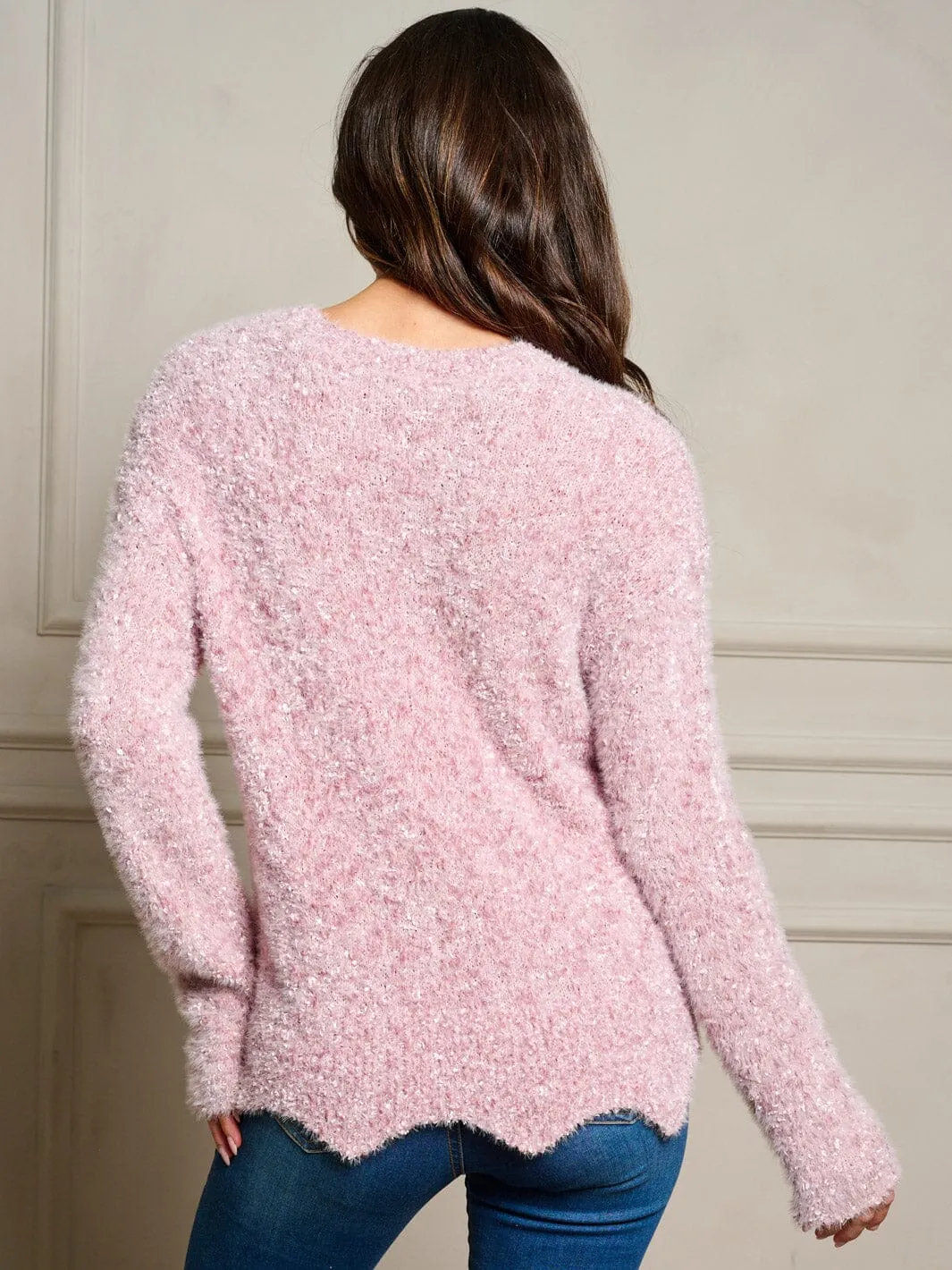 WOMEN'S LONG SLEEVE TRIM DETAILED FUZZY PULLOVER SWEATER
