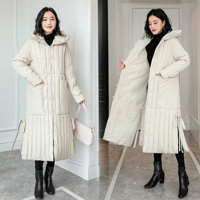 Women's Padded Solid Puffer Coat with Calf-Length and Button Front