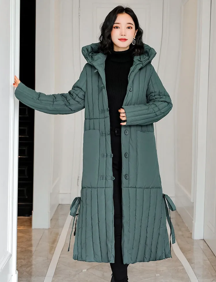 Women's Padded Solid Puffer Coat with Calf-Length and Button Front