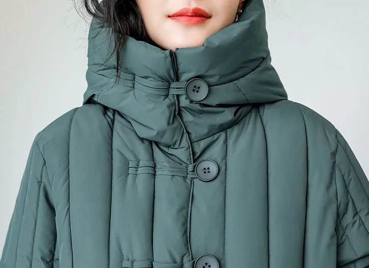 Women's Padded Solid Puffer Coat with Calf-Length and Button Front