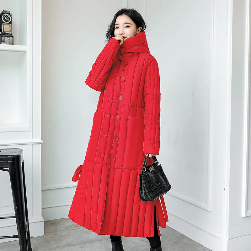 Women's Padded Solid Puffer Coat with Calf-Length and Button Front
