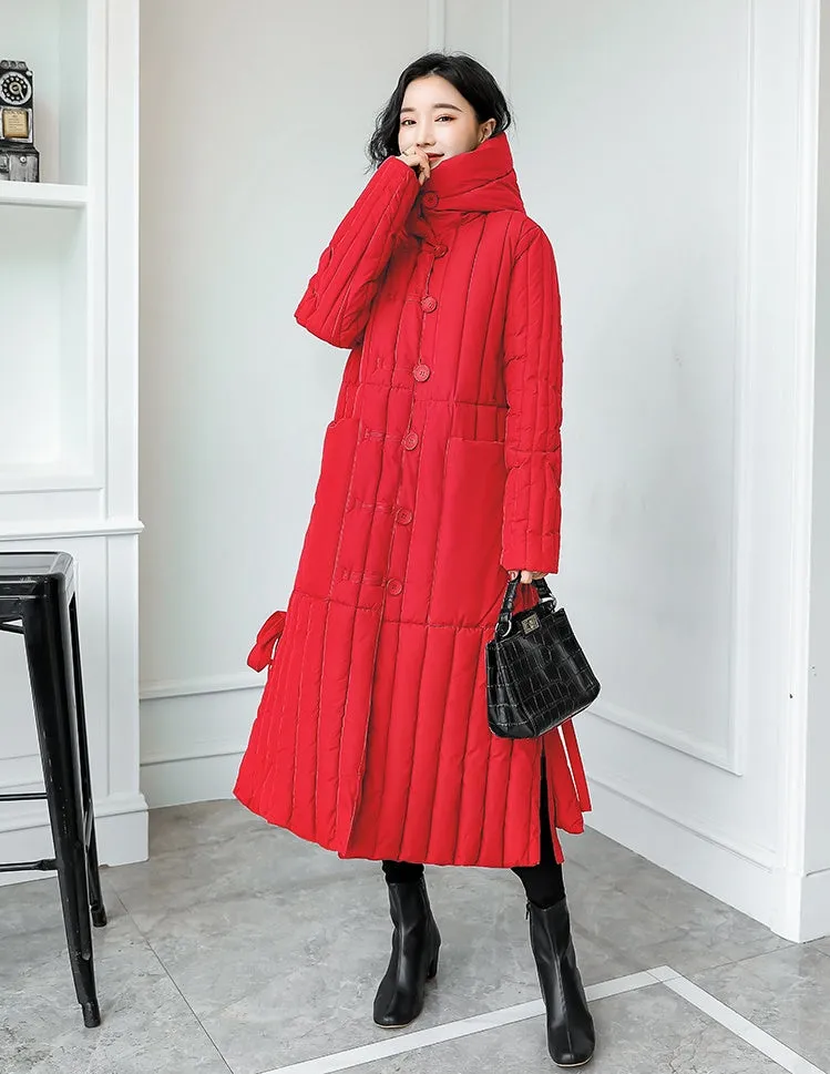 Women's Padded Solid Puffer Coat with Calf-Length and Button Front