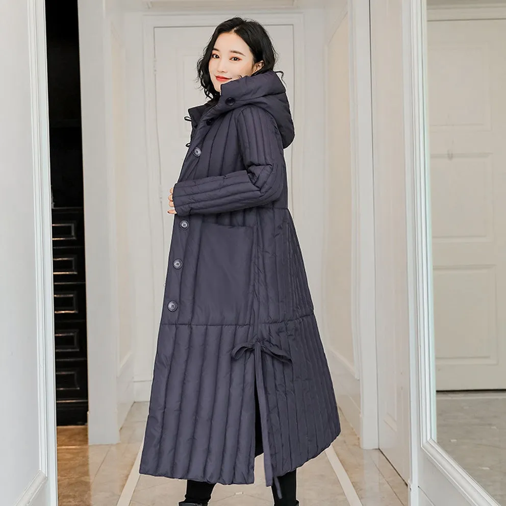 Women's Padded Solid Puffer Coat with Calf-Length and Button Front