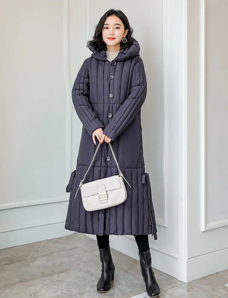 Women's Padded Solid Puffer Coat with Calf-Length and Button Front