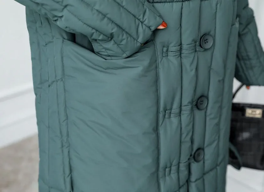 Women's Padded Solid Puffer Coat with Calf-Length and Button Front