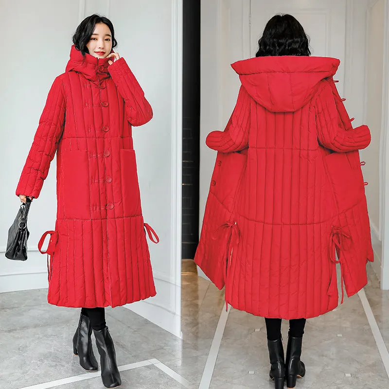 Women's Padded Solid Puffer Coat with Calf-Length and Button Front