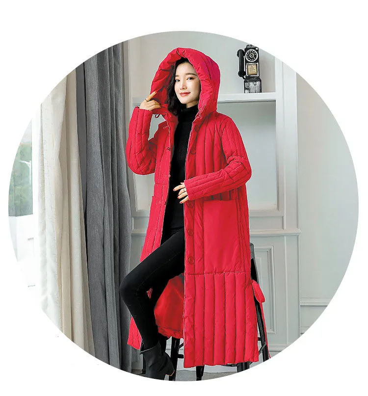 Women's Padded Solid Puffer Coat with Calf-Length and Button Front