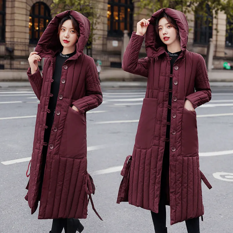 Women's Padded Solid Puffer Coat with Calf-Length and Button Front