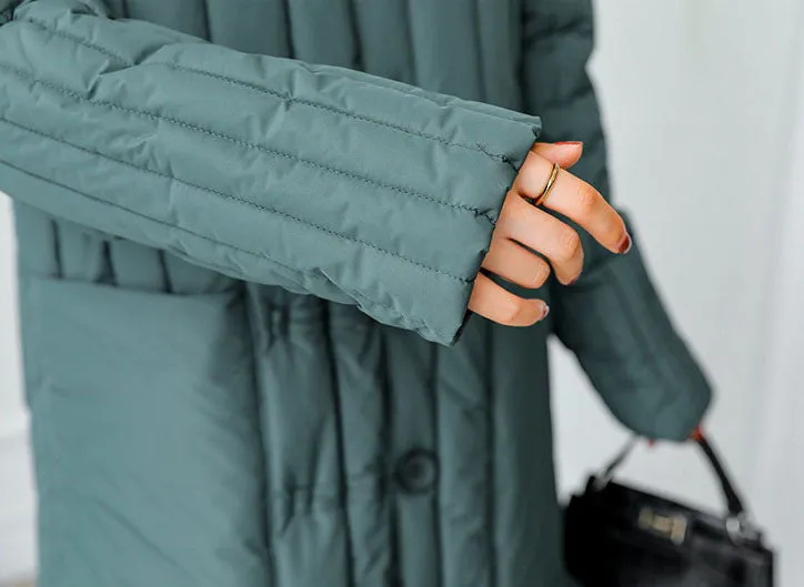 Women's Padded Solid Puffer Coat with Calf-Length and Button Front
